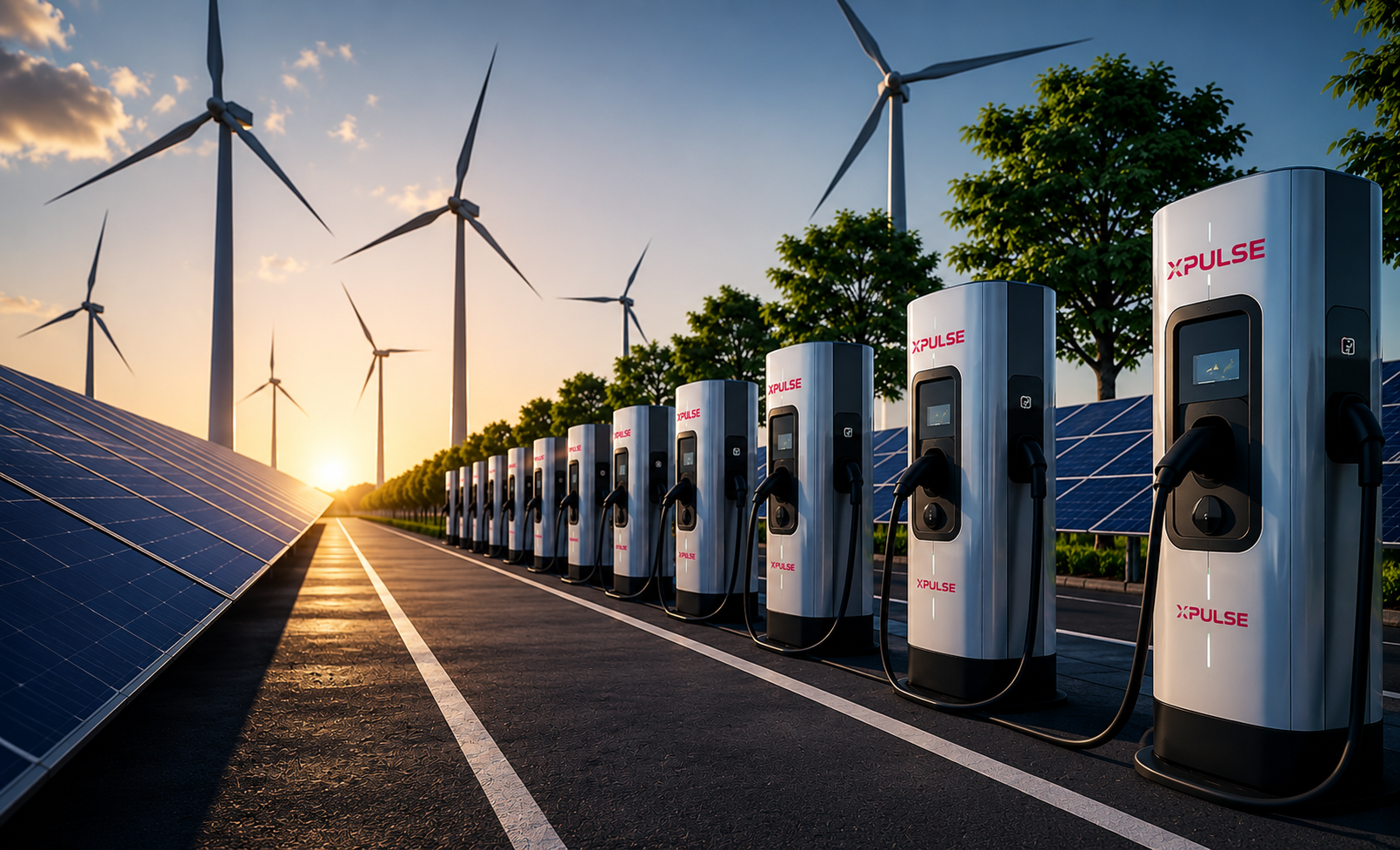 XPulse EV charging hub with solar panels and wind turbines