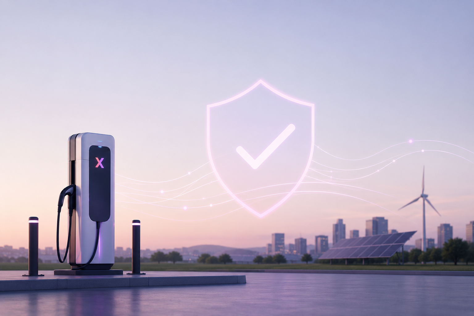 XPulse EV charger with reliability shield and clean energy — solar panels and wind turbine in the background